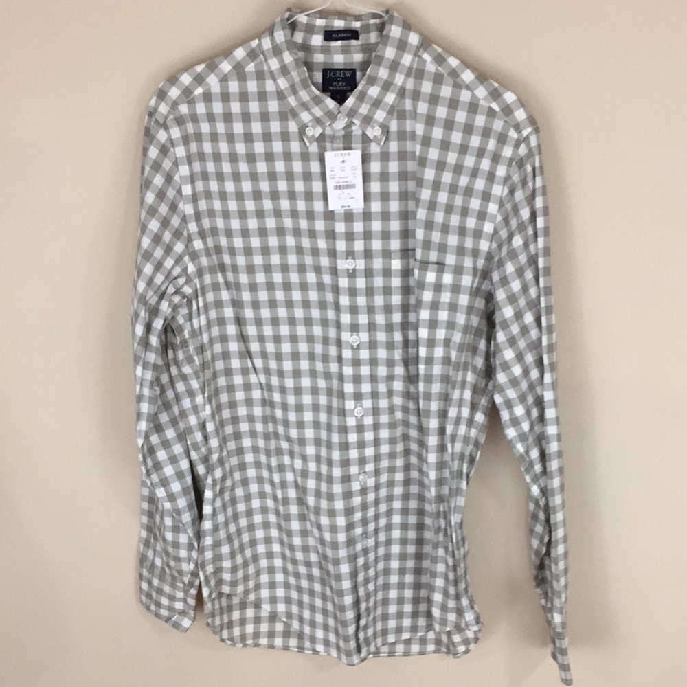 J Crew Factory Classic Flex Washed Tan and White Plaid Shirt NWT S